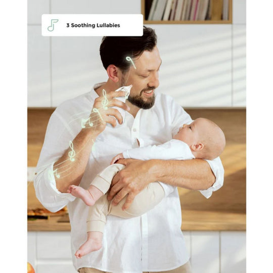 Man holding a baby with a text overlay about soothing lullabies in a home setting. The Man has in his hands Momcozy Quiet Rechargeable Baby Nasal Aspirator.