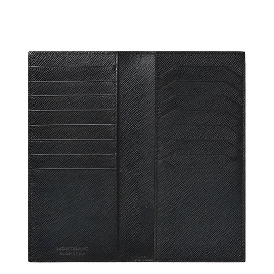 A flat lay of an open black Montblanc wallet, showing multiple card slots on both sides and "MONTBLANC MADE IN ITALY" embossed on the bottom left.