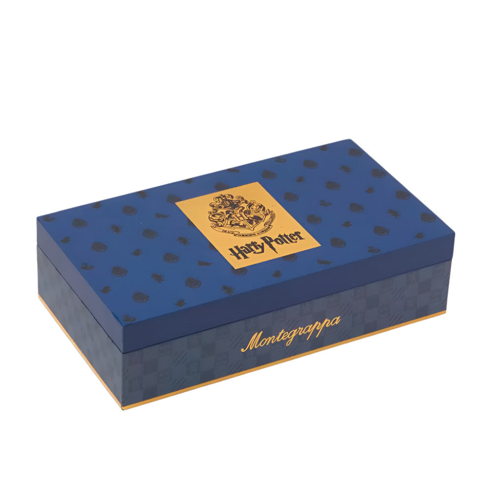 The  blue and gold box with Harry Potter and Montegrappa branding that packs in it Montegrappa Harry Potter Hufflepuff Stainless Steel Luxury Ballpoint Pen