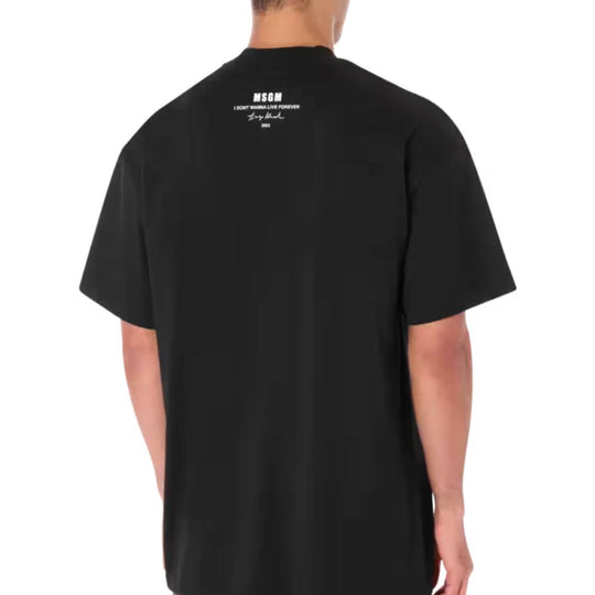 Rear view of a male model wearing MSGM Tiago Alexandre X MSGM I Don't Wanna Live Forever Men's T-Shirt
