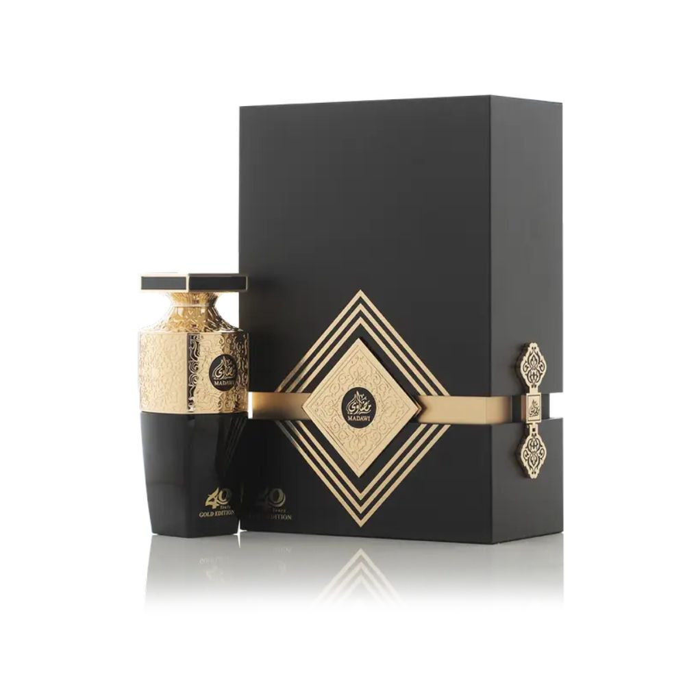 An EDP 100mL bottle of Madawi Gold Edition by Arabian Oud along with its Box