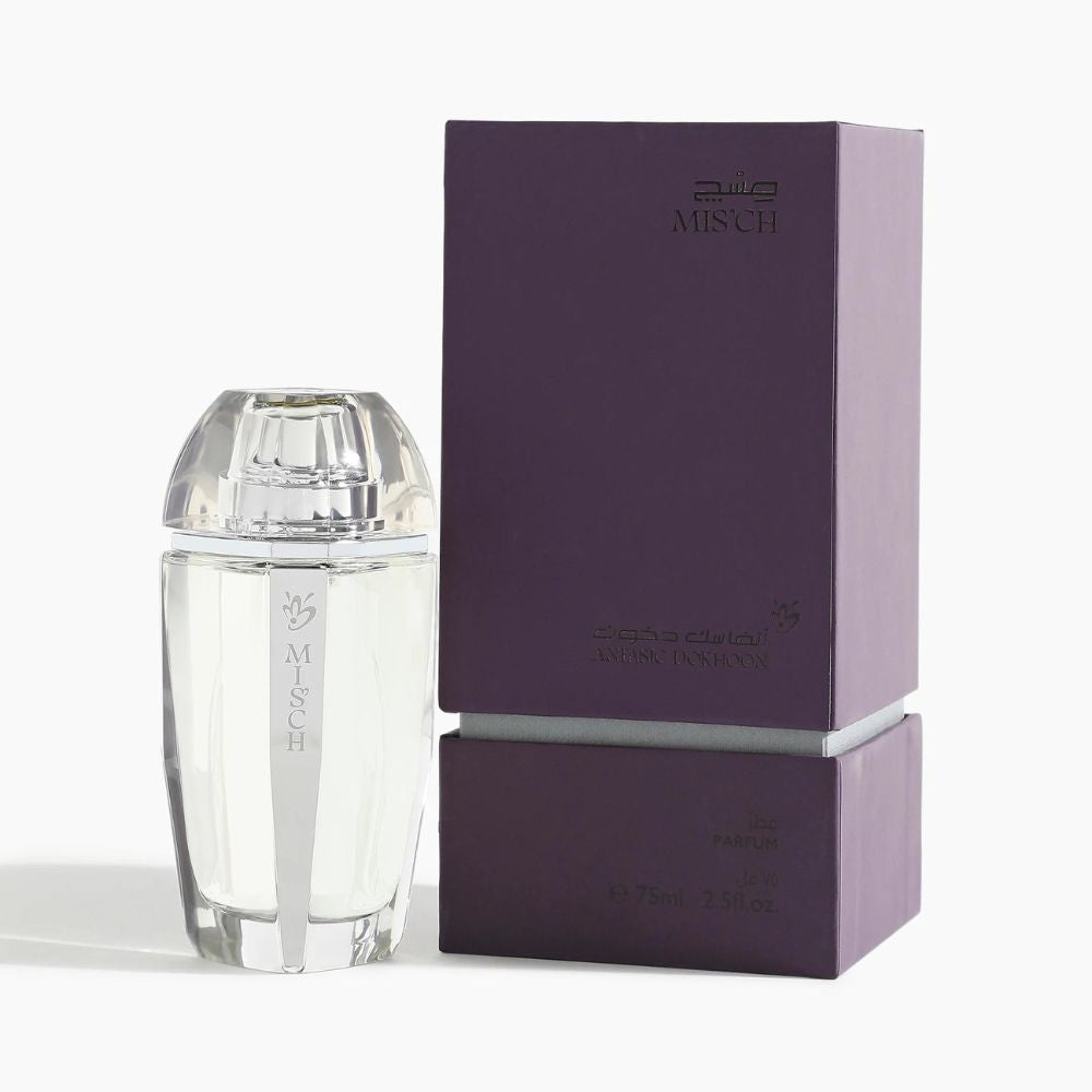 A 75mL parfum bottle of Mis'ch Parfum along with its Anfasic Dokhoon along with its Box