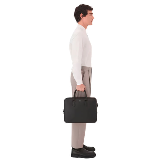 Side view of a Man holding a Montblanc Large Padded Sartorial Leather Document Bag with Shoulder Strap