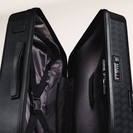 Montblanc MY4810 Luxury Cabin Trolley Bag with open door showing interior, on a light gray background