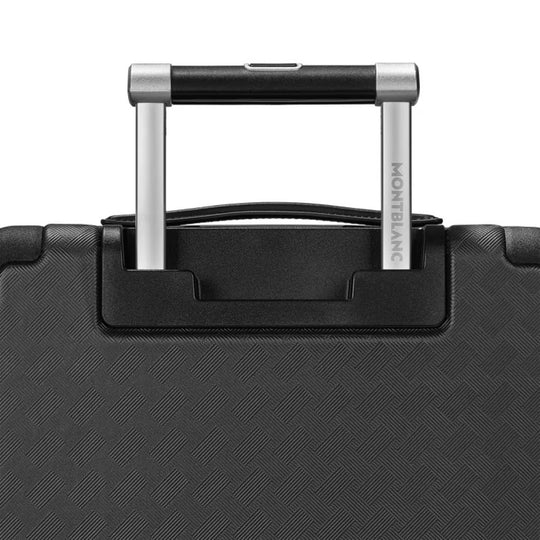 Black suitcase handle with Montblanc branding on a white background