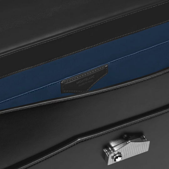 Close-up of Montblanc Meisterstück Leather Flat Business Briefcase with a visible brand logo.