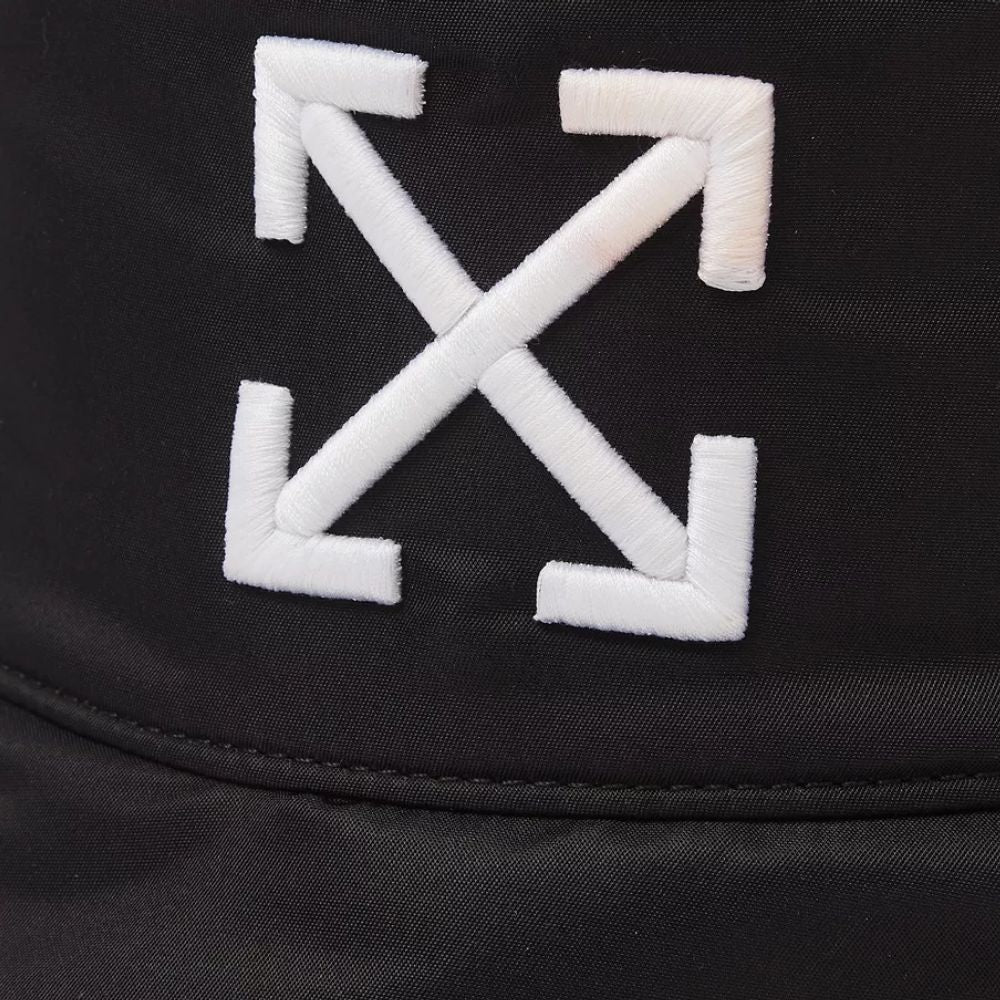 Close up image of the Off-White Arrow Embroidered Black Nylon Bucket Hat