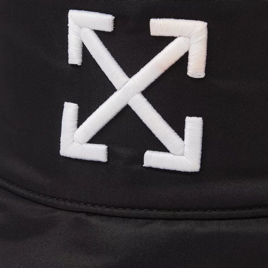 Close up image of the Off-White Arrow Embroidered Black Nylon Bucket Hat