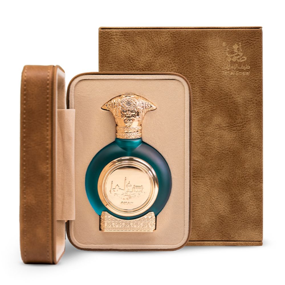 An EDP 75mL bottle of Oman perfume by Taif Al Emarat along with its Leather Box