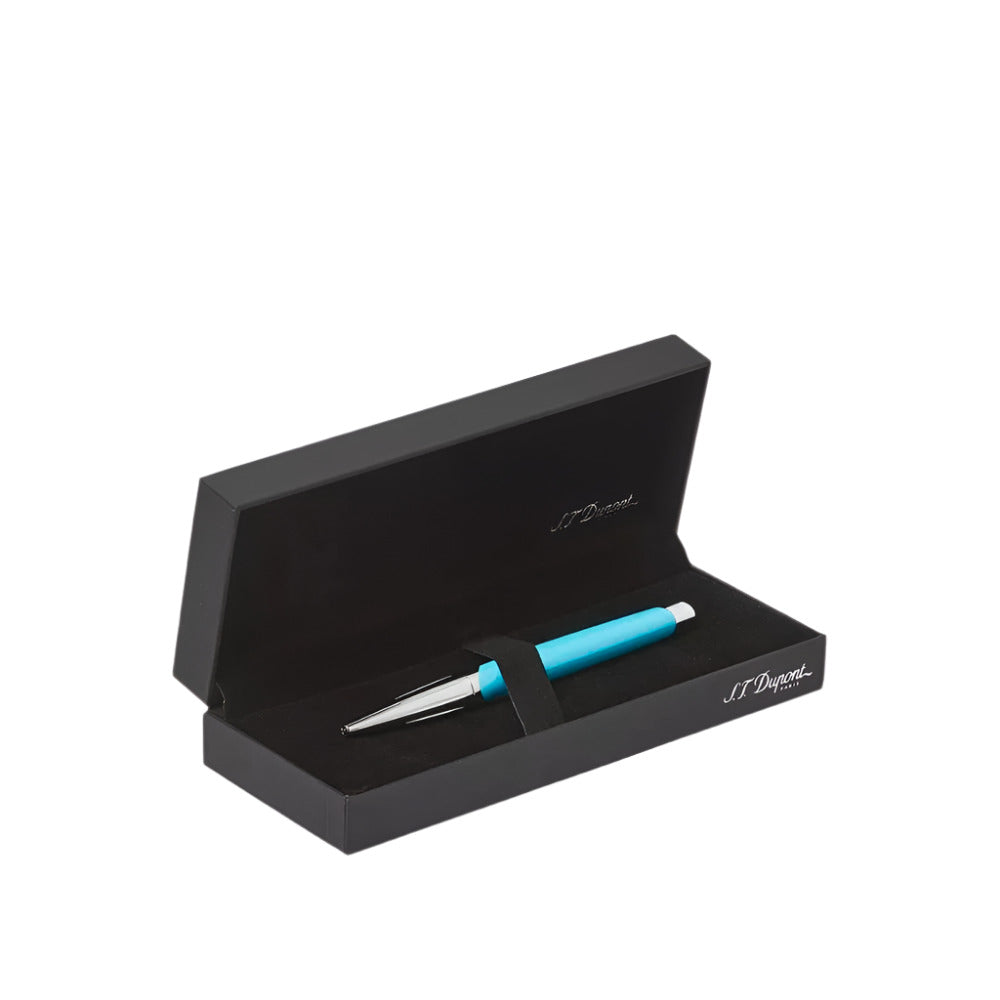 S.T. Dupont Défi Millenium Le Mans Limited Edition Ballpoint Pen (Blue/Silver) presented in a black gift box with the brand logo.