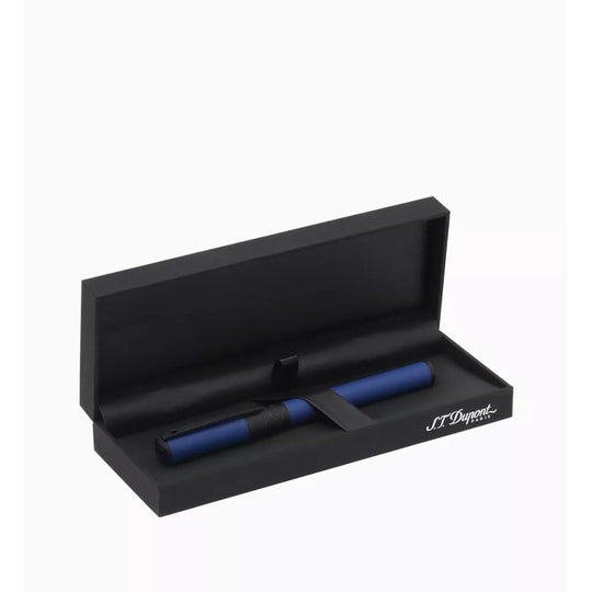 S.T. Dupont D-Initial Ballpoint Pen in Matte Black/Blue with Soft-Twist Mechanism in a black gift box with the brand logo.