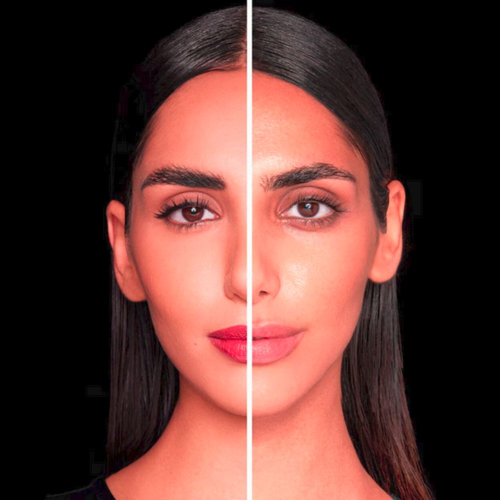A split image of a person's face, possibly showing before and after effects.