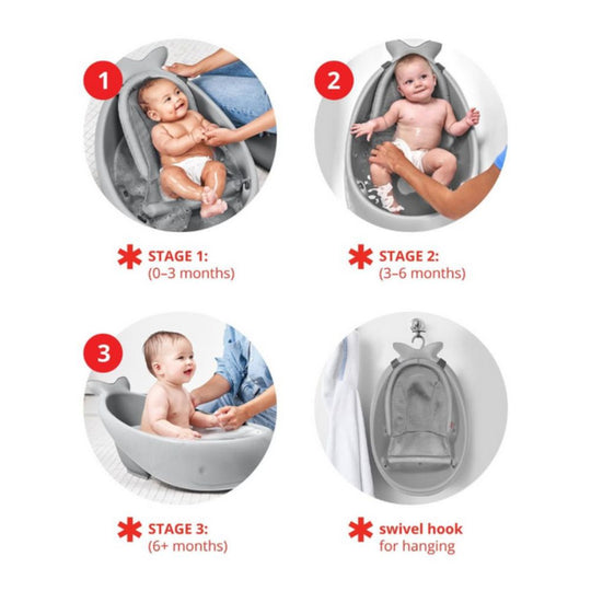 Baby seat with stages of use for infants from 0-6 months and a swivel hook feature.