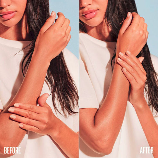 A split image showing a person's arm before and after applying SOL DE JANEIRO Body Badalada™ Vitamin-Infused Lotion. The "before" side shows drier skin, while the "after" side shows smooth, hydrated, and glowing skin.