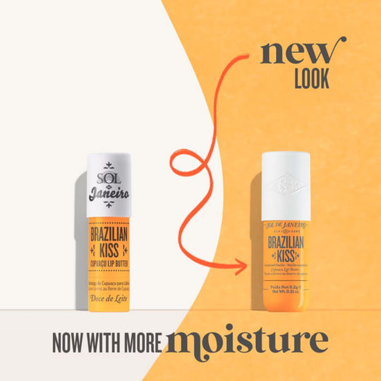 Comparison of old and new SOL DE JANEIRO Brazilian Kiss Cupuaçu Lip Butter packaging, stating "new look" and "NOW WITH MORE moisture"