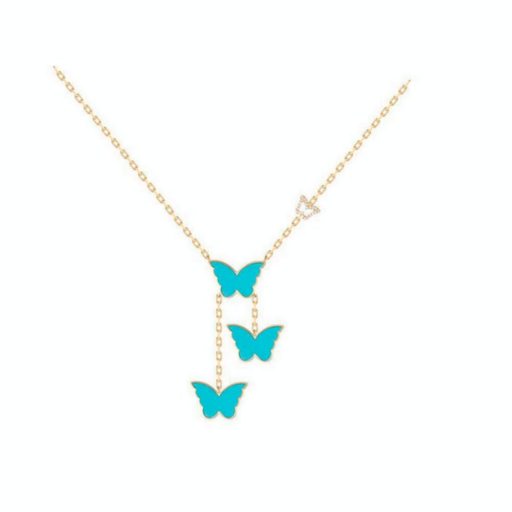 Samra Classic Butterfly Yellow Gold Turquoise Kids Dangling Necklace