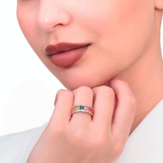 A model showing Samra Noor Rose Gold Baguette Sapphire Half Set Band on her finger