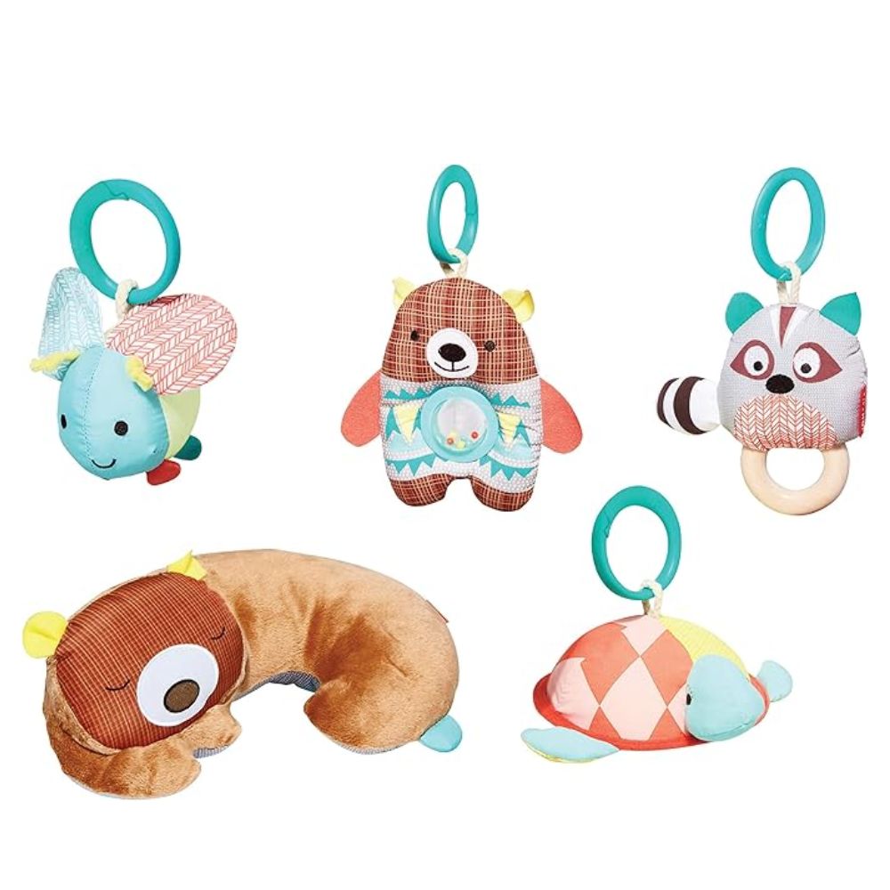 Set of colorful baby toys with animal designs on a white background