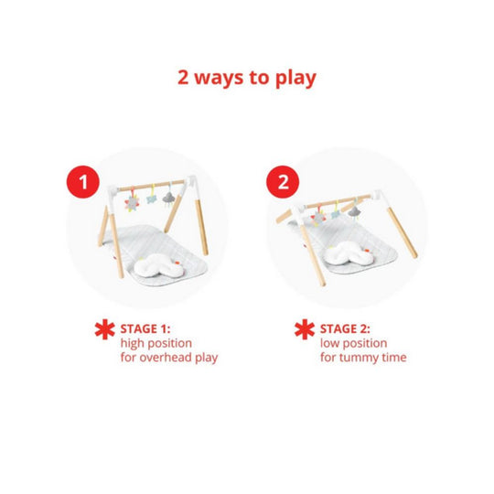 Diagram showing two ways to use a baby play mat with adjustable height for overhead and tummy time.
