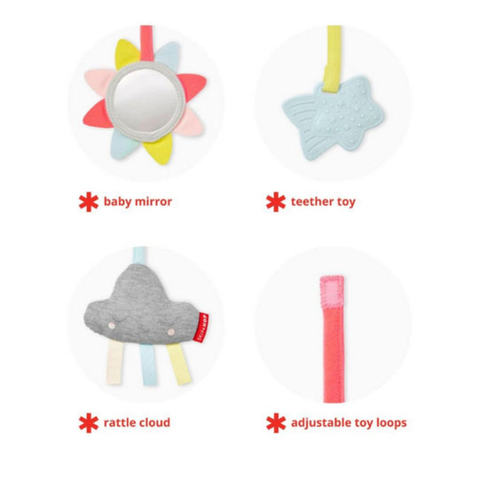 Set of baby toys including a mirror, teether, rattle cloud, and adjustable toy loops on a white background.