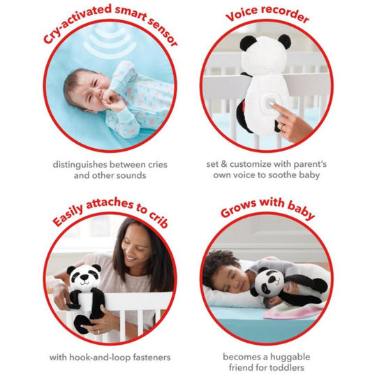 Product features of a cry-activated smart sensor and voice recorder for babies.