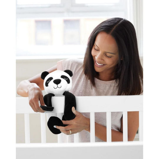 Women holding a plush Panda toy on a crib