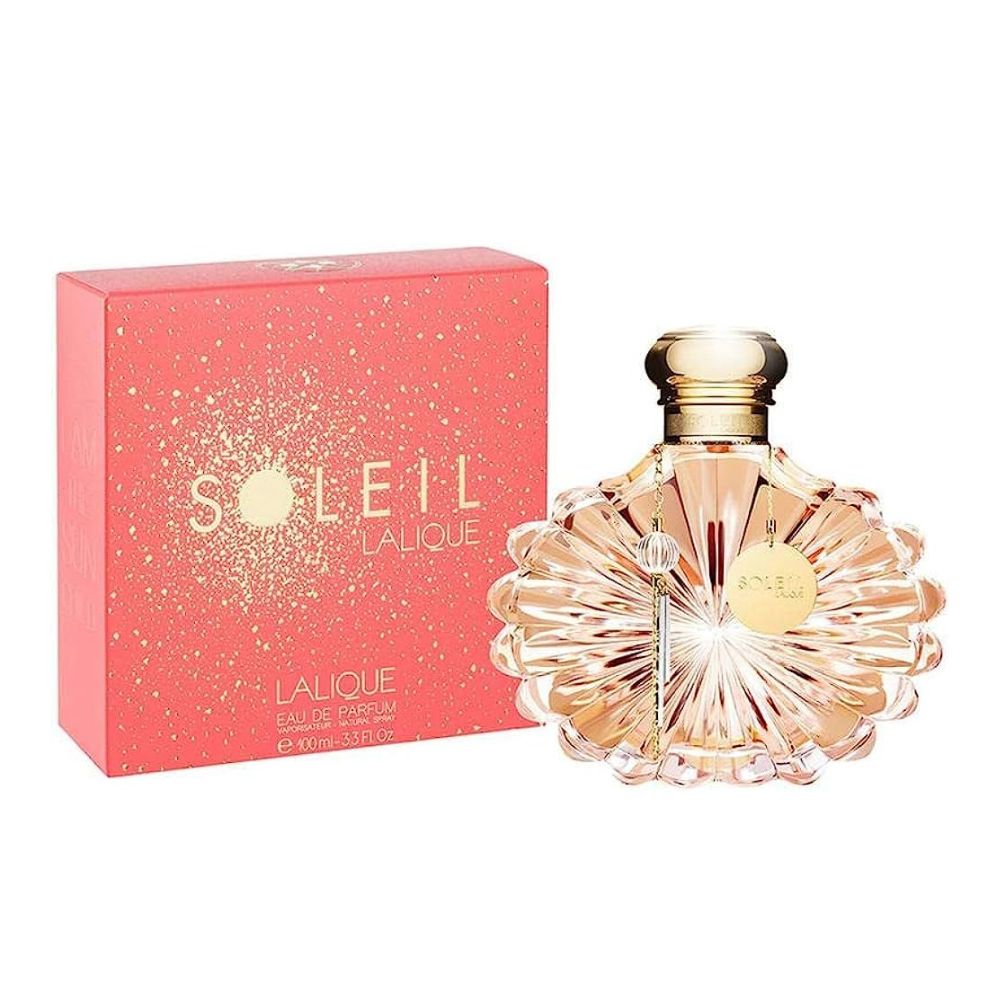 An EDP 100mL bottle of Soleil by Lalique along with its Box