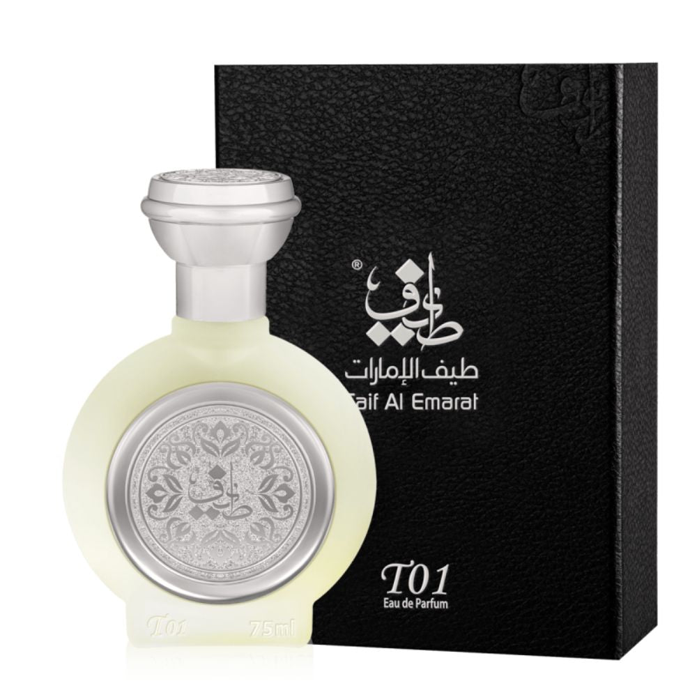 A 75mL bottle of T01 EDP by Taif Al Emarat along with its Box
