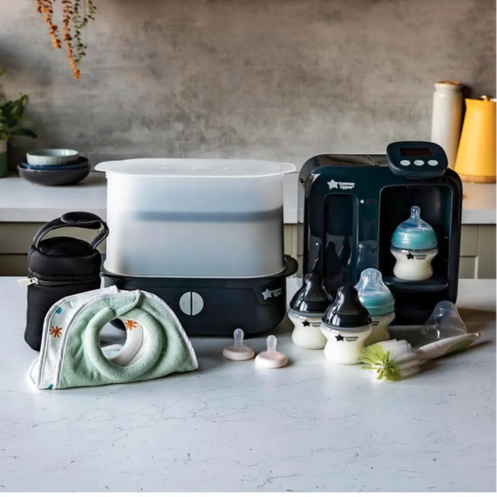 Tommee Tippee Ultimate Formula Feeding Kit: Black Steriliser, Prep Machine, Anti-Colic & Natural Bottles, Soothers