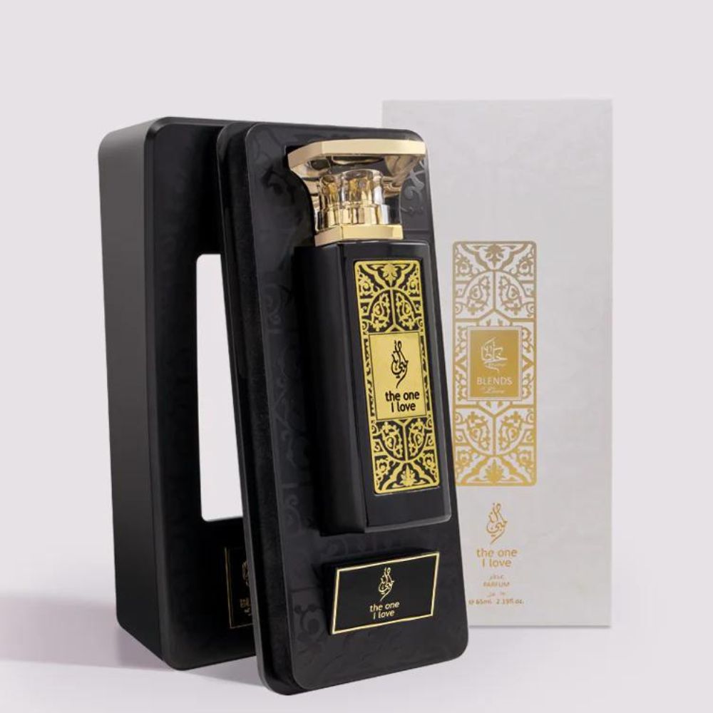 A 65mL parfum bottle of The One I Love Parfum by Khaltat along with its box