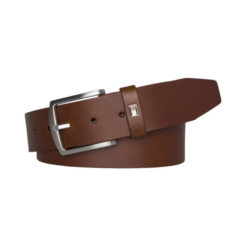Tommy Hilfiger Men's Leather Belt with Metal Buckle - Dark Tan