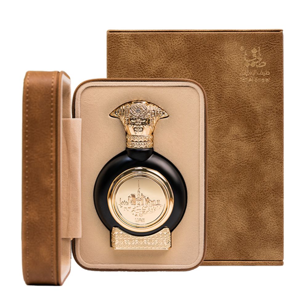An EDP 75mL bottle of UAE Oud perfume by Taif Al Emarat in its Open Leather Box