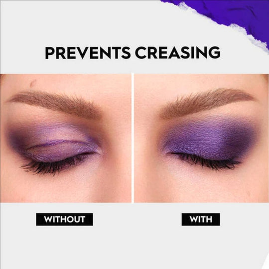 The image shows two close-up views of eyes with eyeshadow. The left eye shows creased eyeshadow, labeled "WITHOUT", while the right eye shows smooth, vibrant eyeshadow, labeled "WITH", with the text "PREVENTS CREASING" above. This demonstrates the effect of using the Urban Decay Eyeshadow Primer Potion.