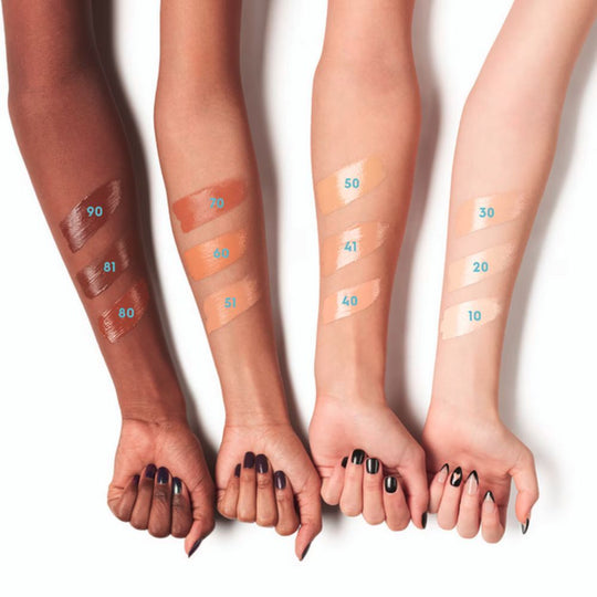 Different shades of Urban Decay Hydromaniac Glowy Tinted Hydrator Foundation applied on hands of different complexion for demonstration purpose