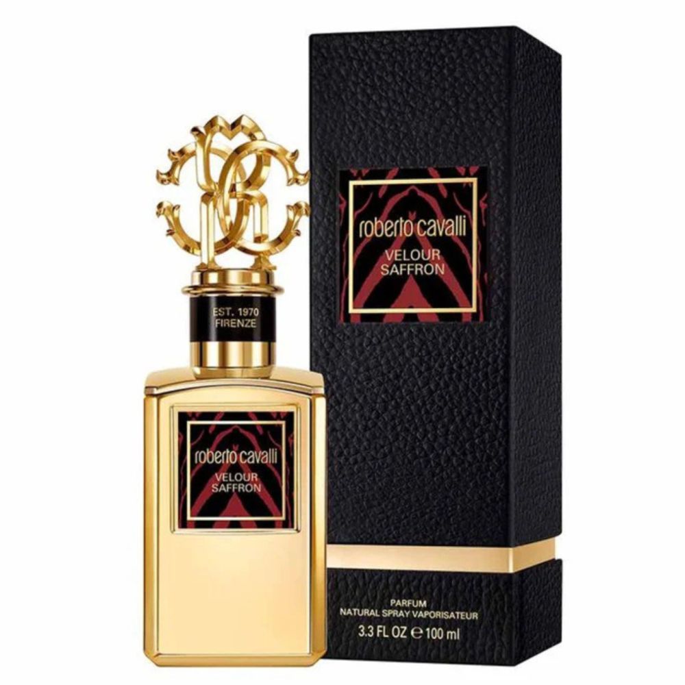 A 100mL parfum bottle of Velour Saffron Velour Saffron by Roberto Cavalli along with its box