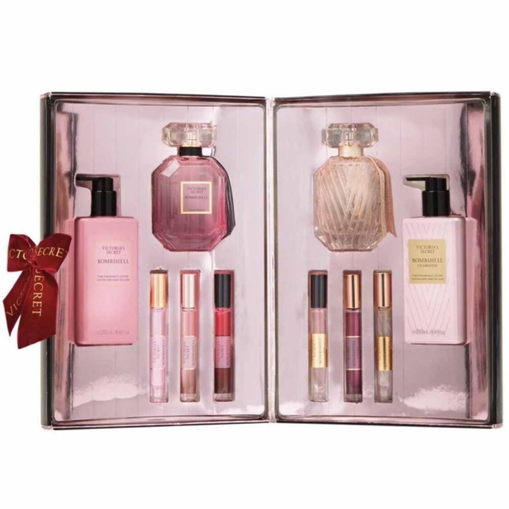 Victoria's Secret Set Bombshell & Celebration Sprays and Body Lotion along with Roller Balls in the Gift Box