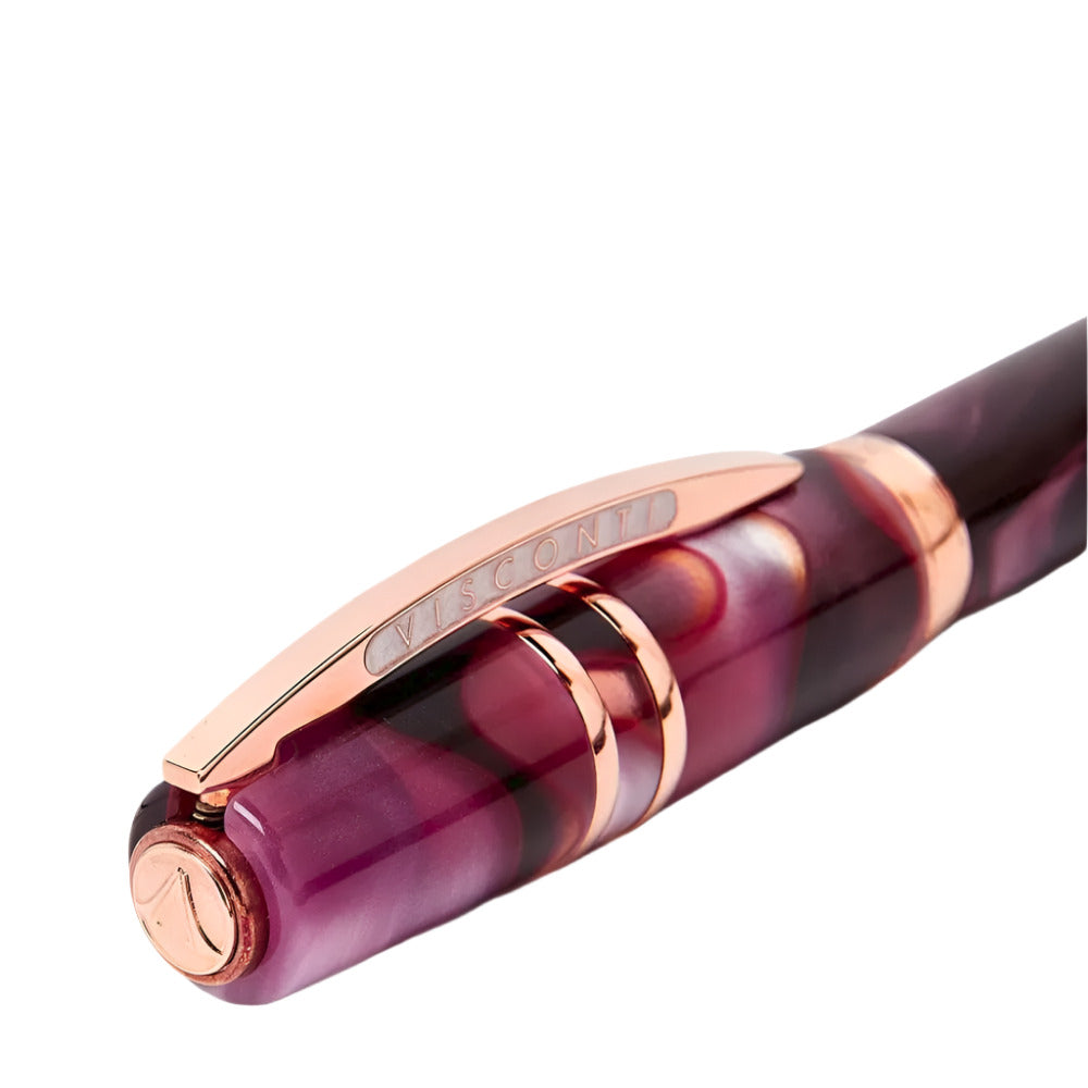 Close up of Visconti Homo Sapiens Iris Garden Acrylic Resin Rollerball with Hook Safe Lock