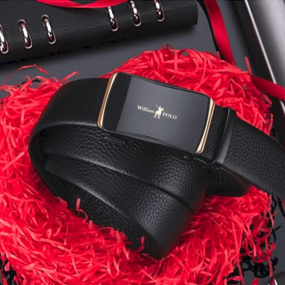 William Polo Men's Italian Design Leather Genuine Belt with Gold Buckle