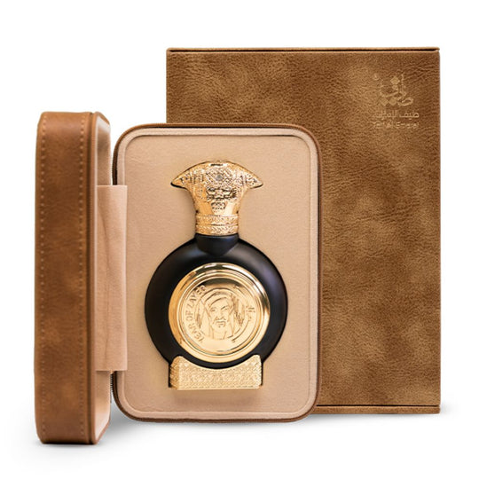 An EDP 75mL bottle of Year of Zayed perfume by Taif Al Emarat in its open Leather Box