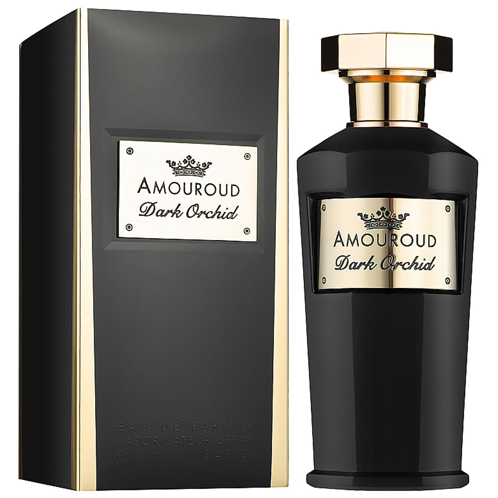 An EDP 100mL bottle of Dark Orchid by Amouroud along with its Box