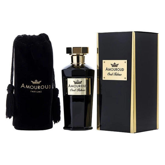 An EDP 100mL bottle of Oud Tabac by Amouroud along with its pouch and Box