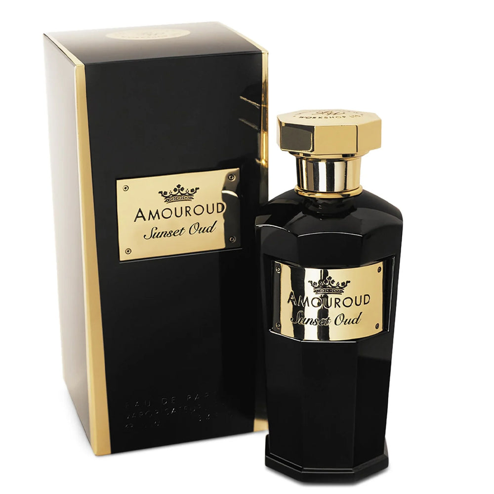 An EDP 100mL bottle of Sunset Oud by Amouroud along with its Box