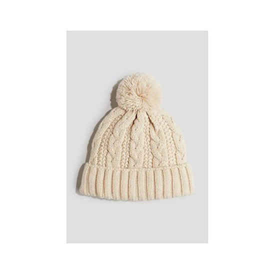 Light Beige Cable-knit Beanie with Turn-up Hem