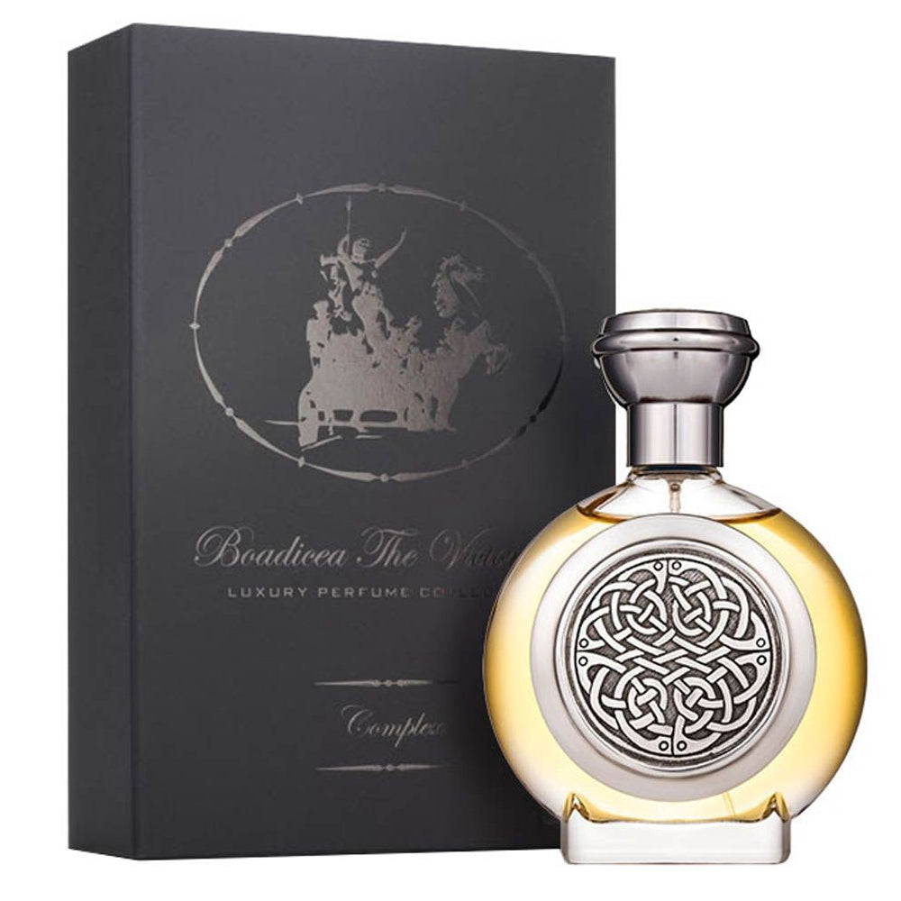 An EDP 100mL bottle of Complex by Boadicea The Victorious along with its Box