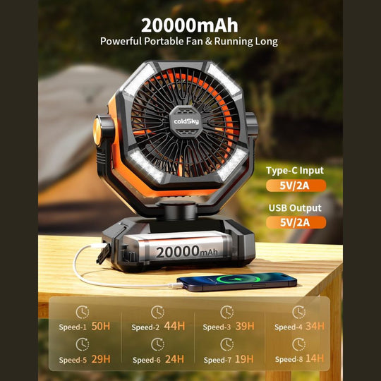 coldSky 20000mAh Battery Operated Camping Fan with Dual Motor & LED Light