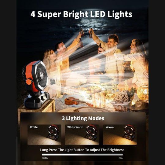 Image showcasing the LED light features of the coldSky 20000mAh Battery Operated Camping Fan with Dual Motor & LED Light. Text highlights "4 Super Bright LED Lights" and "3 Lighting Modes": White, White Warm, and Warm. Instructions indicate to "Long Press The Light Button To Adjust The Brightness," with examples showing brightness levels at "100%" and "5%." The image also includes the text "ColdSky 20000mAh Battery Powered Portable Fan Rechargeable Outdoor Fan with LED Lantern 8 Speeds Desk Fan Portable Out