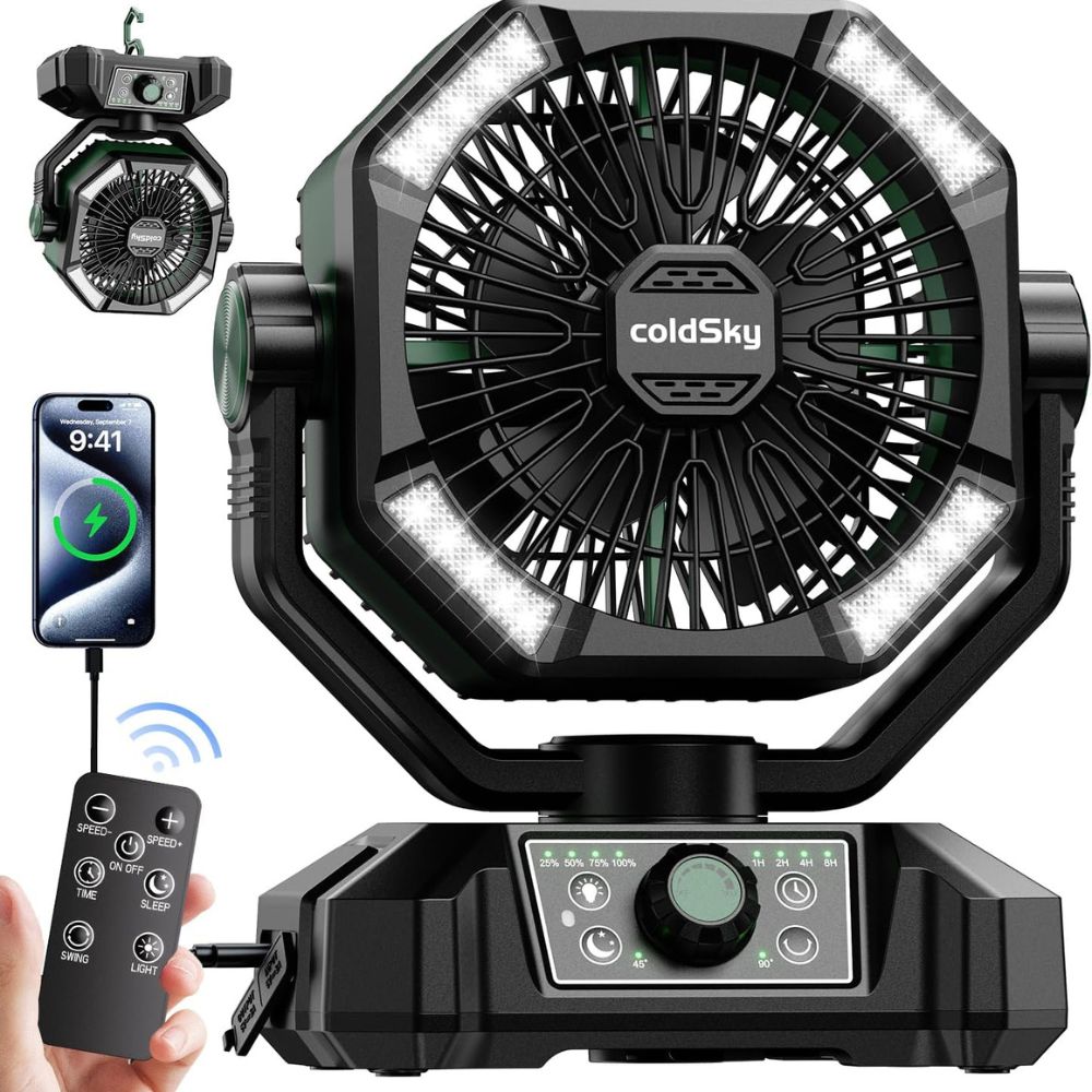 coldSky 20000mAh Battery Operated Camping Fan with Dual Motor & LED Light - Green Color
