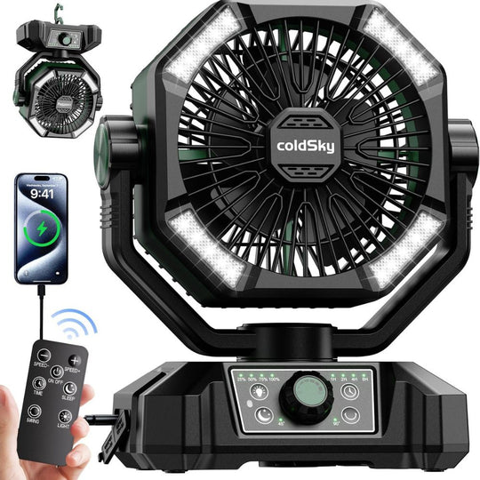 coldSky 20000mAh Battery Operated Camping Fan with Dual Motor & LED Light - Green Color