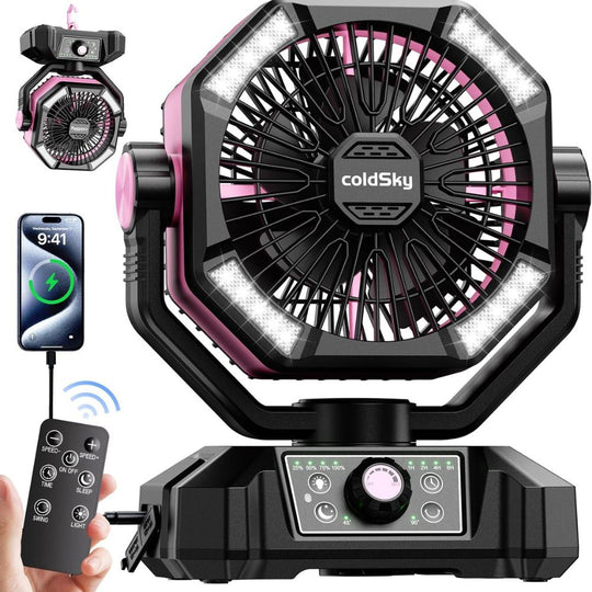 coldSky 20000mAh Battery Operated Camping Fan with Dual Motor & LED Light - Pink Color