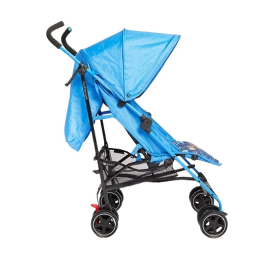 Side View of Blue Compact Stroller with Shield